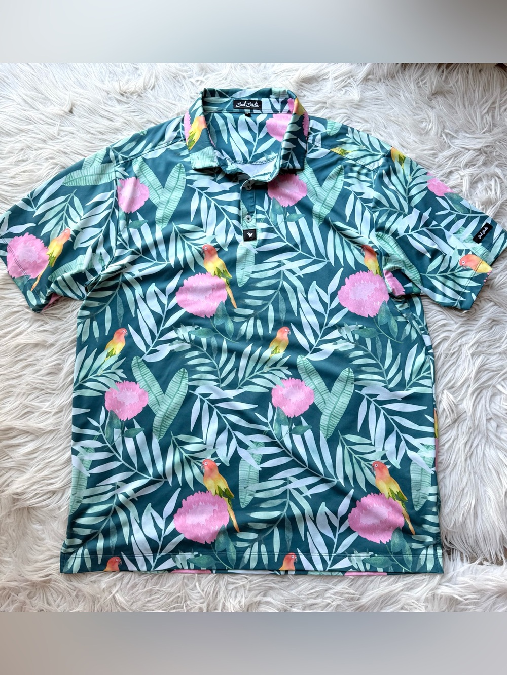 Bad Birdie Tropical Lovebird Golf Polo Shirt 2XL Parrot Hawaiian Performance